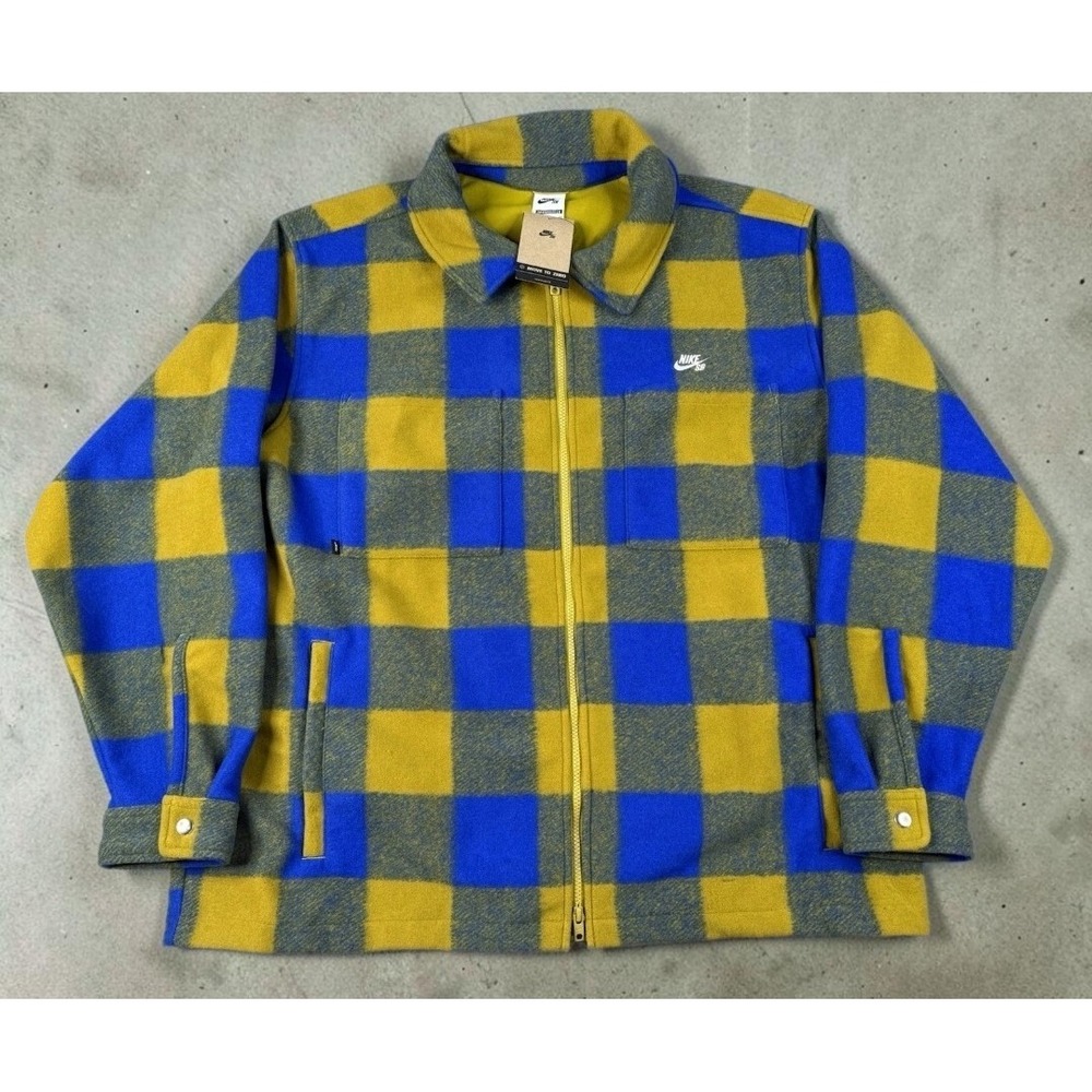 Nike SB Oversized Full Zip Fleece Flannel Jacket Gold Blue Buffalo Check Men's M